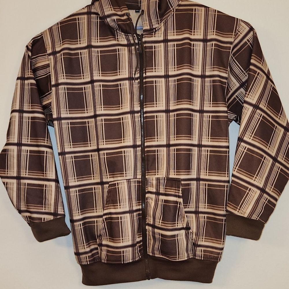 BAPE Pre-owned White Brown Plaid Full Zip Hoodie. Fleece lined. XXL.